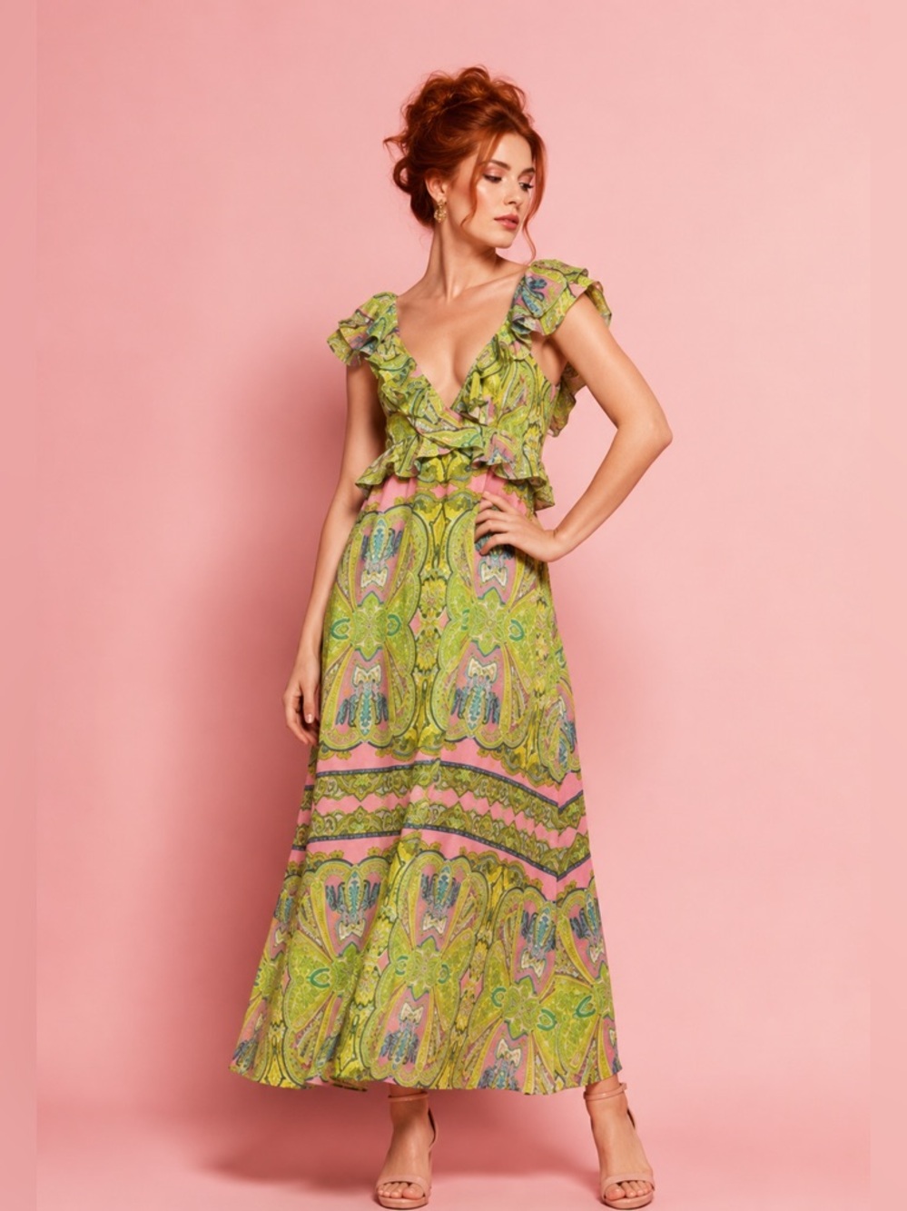 A Loves A Printed Flutter Cap Sleeve Deep V-Neck Tie Back Detail Maxi Dress NEW